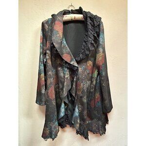 Italian Rossi Roma Womens Floral Lace Ruffle Trim Coat Jacket Black Silk Blend